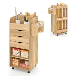 COSTWAY Rollcontainer mit 3 Schubladen, Bastelwagen mit 2 Rollstangen & 3 Fächern, Schubladenschrank auf Rädern, Rollwagen Mehrzweckwagen, Natur - Naturbelassen
