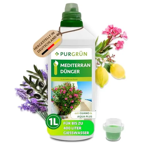 Purgrün Mediterran Dünger 1L - Flüssigdünger für mediterrane Pflanzen - Dünger für mediterrane Pflanzen, NPK 8+8+6, mit Aqua Plus für optimale Wasserverteilung und kräftige Blütenpracht.