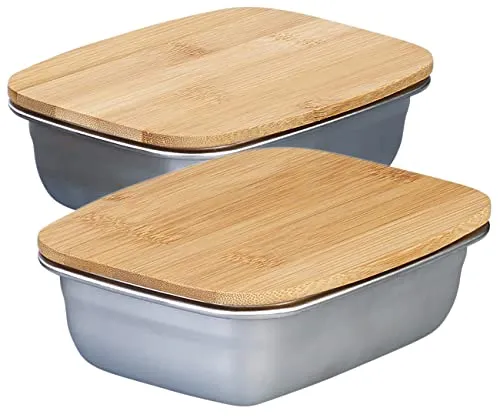 Rosenstein & Söhne Schneidebrett: 2er-Set Edelstahl-Aufbewahrungsschale mit Bambusdeckel (Bambus Schneidebrett, Aufbewahrungsschale mit Deckel, Frischhaltedosen)