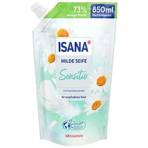 ISANA Flüssigseife Sensitiv Nachfüllbeutel, 850 ml - Milde Flüssigseife im 850 ml Nachfüllbeutel für eine sanfte Handreinigung. Mit pflegenden Inhaltsstoffen für zarte Haut und dermatologisch getestet. Umweltfreundlich ohne Mikroplastik.