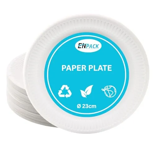 Enpack 100 Stück Einweg Teller aus Papier 23cm - Einwegteller in weiß - Pappteller Geburtstag - Einweggeschirr umweltfreundlich & nachhaltig - Einmal Teller für Partys - bio plates