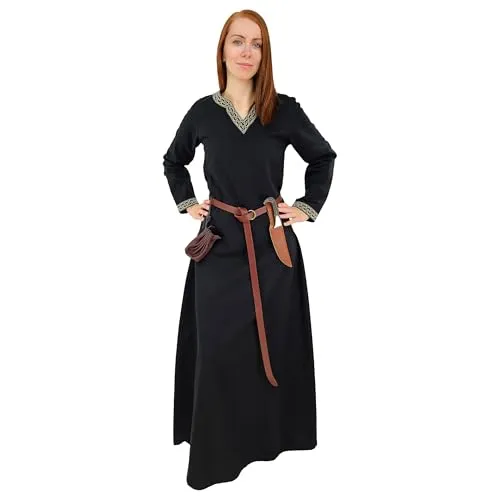 Vehi Mercatus Mittelalter Kleid Langarm, mit Borte Sigyn Baumwolle- Blau, Rot, Gr??n, Schwarz oder Braun- Mittelalter, LARP, Reenactment (DE/NL/SE/PL, Alphanumerisch, 3XL, Regular, Regular, Schwarz)