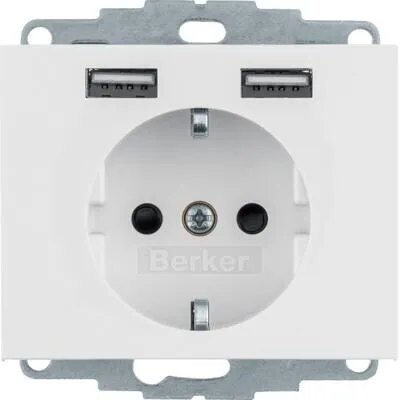 Berker 48037009 Steckdose SCHUKO/USB A-A K.1 - Steckdose mit Schuko- und USB-Anschluss, K.1, Polarweiß glänzend – ideal für modernes Laden von Geräten in jedem Raum.