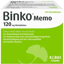 Binko Memo 120 mg Filmtabletten - Arzneimittel zur Verbesserung der kognitiven Funktionen, ideal bei Vergesslichkeit und Unkonzentriertheit dank hochwertigem Ginkgo-biloba-Extrakt.