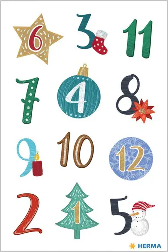 HERMA 15189 Aufkleber Zahlen 1-24 Glitzer - 24 festliche Weihnachtssticker mit kreativen Motiven, ideal für Adventskalender und DIY Deko