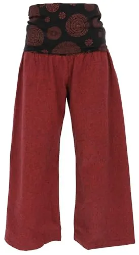 GURU SHOP Weite Marlenehose - Dunkelrot, Damen - Yoga-Hose aus Baumwolle mit weitem Bein und überbreitem, faltbarem Bund für optimalen Tragekomfort und Stil.