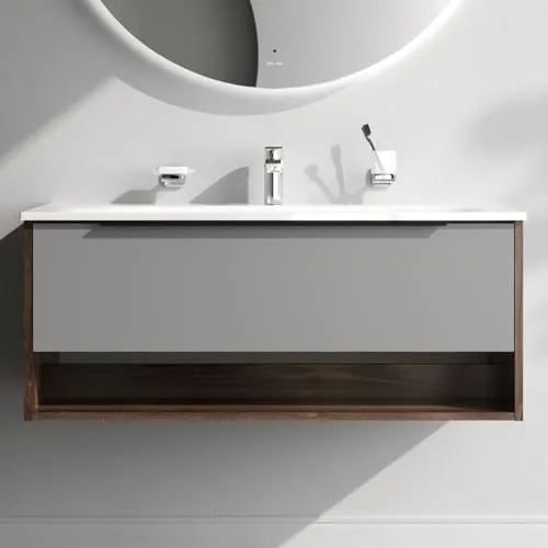 AM.PM Waschbeckenunterschrank Grau Hängend mit Waschbecken, Badmöbel Set für Badezimmer, Badschrank, Waschtischunterschrank mit 1 Schublade + offene Nische, 100 cm breit, Graphit matt