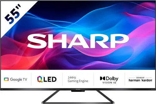 SHARP 55GR8265E Google TV 55 Zoll 4K Smart TV - Erlebe randloses Design mit 4K Ultra HD und 144Hz Gaming-Performance. Integrierter Google Assistant und Dolby Atmos für ein immersives Fernseherlebnis.