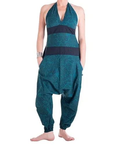 Vishes - Alternative Bekleidung - Damen Hippie Latzhose Overall Haremshose Neckholder aus Baumwolle mit Blümchen Türkis 40