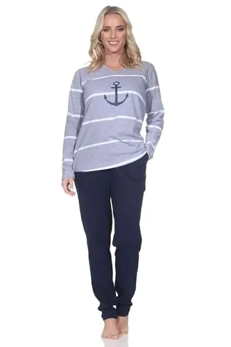 Normann Damen Schlafanzug lang - Maritimes Design mit Anker Motiv, Übergrößen verfügbar - Eleganter Damen Pyjama mit maritimen Streifen und Anker-Motiv. Ideal als Homewear oder Hausanzug. Hergestellt nach OEKOTEX STANDARD 100, schadstofffrei und pflegeleicht. Verfügbar in Übergrößen für jeden Komfort.