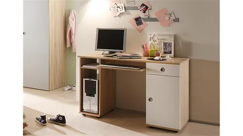 Schreibtisch Wiki - Holzfarben, 120 cm Breite - Kinderschreibtisch mit großer Tischplatte, offenen Fächern und praktischem Schiebeplattenauszug für die Tastatur. Ideal für kreative Kinder! Jetzt 10€ Willkommens-Gutschein sichern!