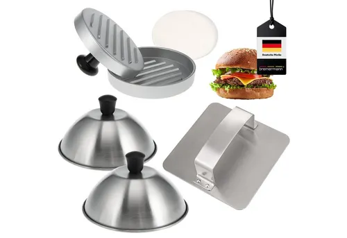 bremermann Burger-Set 6tlg. aus Edelstahl - Grillzubehör mit hochwertiger Burgerpresse, praktischen Burgerpapier und Hauben für perfekte Burger-Genüsse.