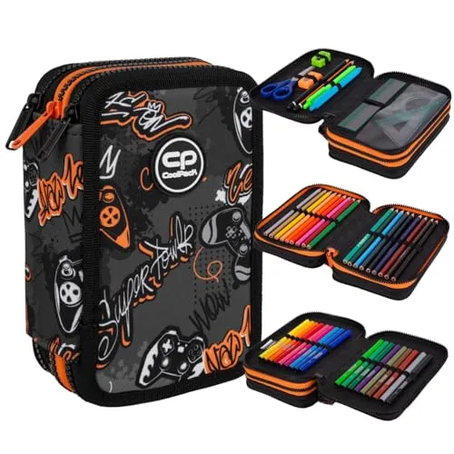 COOLPACK 3 Fach Mäppchen gefüllt - Federmappe für Schüler, ausgestattet mit Anspitzer und in bunten Farben – ideal für Schule und Freizeit.