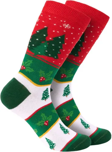 BRUBAKER Socken Weihnachtssocken für Damen und Herren - Weihnachtsbaum Muster Rot/Grün (Weihnachtsmotiv, 1-Paar, Lustige Freizeitsocken) Baumwolle Socken Weihnachten - Unisex Baumwollsocken