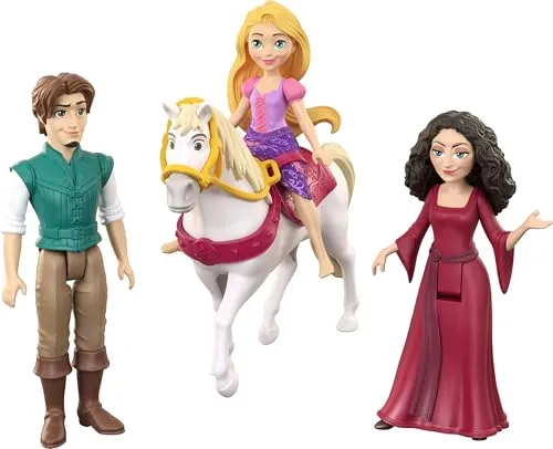 Disney Prinzessin-Spielzeug, kleine Puppen im 4er-Set mit Rapunzel, Flynn Rider und Mutter Gothel sowie Pferd Maximus mit Sattel, vom Film inspiriert, JHG85