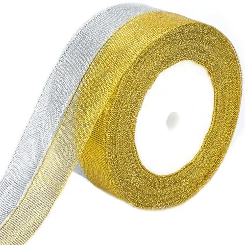 G2PLUS Gold und Silber Geschenkband Weihnachten 20mm, Organza Schleifenband Weihnachten, 4M Glitzer Geschenkbänder zum Geschenk Verpackung