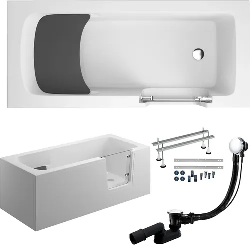 Produktbild Badewanne Rechteck Set 6in1 160x75 Rechts mit AcrylSchürze, Seniorenbadewanne + Glastür und Holzsitz, Premium Ablaufgarnitur und Füßen | BADLAND AVO