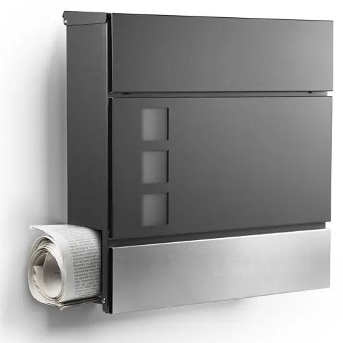 NewHabitat Moderner Briefkasten Anthrazit mit Zeitungsfach - Wandbriefkasten mit Sichtfenster, rostfrei und UV-beständig. Inklusive Montagematerial für einfache Installation und 5 Jahre Garantie.
