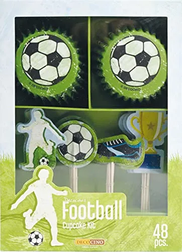 DECOCINO Muffin-Set Football 48-tlg. - 24 Cupcake-Förmchen mit Ø 5 cm & 24 Muffin-Topper aus Papier, ideale Deko für Kindergeburtstage & Motto-Partys
