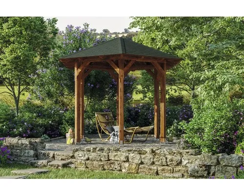 Skan Holz Pavillon Colmar 1 aus Douglasie Ø 360 cm Nuss - Pavillon aus widerstandsfähiger Douglasie, sofort aufbaubar ohne Grundierung. Schützt vor Umwelteinflüssen und benötigt weniger Pflege dank hochwertiger Lasur.