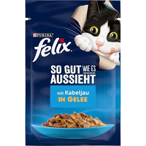 FELIX So gut wie es aussieht Katzenfutter, Kabeljau 26er Pack - Dosenfutter für Katzen: Köstliches Nassfutter in Gelee mit Kabeljau, 100% komplett & ausgewogen für ein gesundes Katzenleben. Ideal für wählerische Katzen!