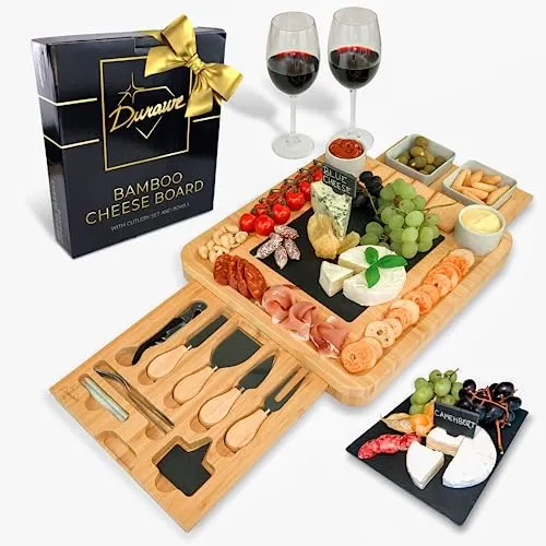Durawe Company Bambus Käsebrett und Messer-Set Keramik-Schalen Weinöffner – 100% Bio-Holz Serviertablett Charcuterie Board perfekte Wahl für Gourmets, Geburtstagsgeschenke und Mütter
