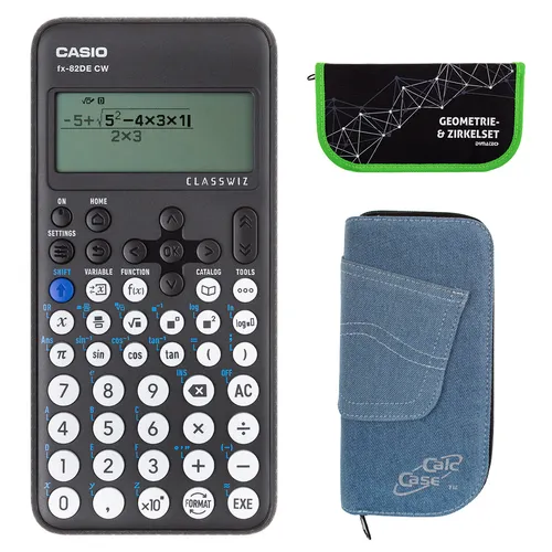 Casio FX-82 DE CW mit Jeans-Tasche hellblau und Zirkelset grün
