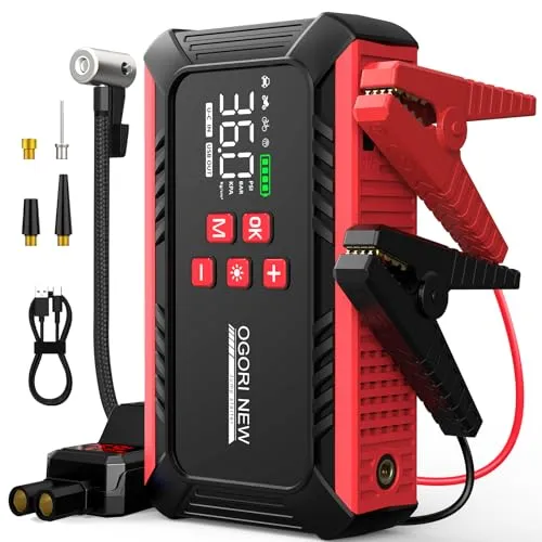 OGORI NEW Starthilfe Powerbank 6000A mit 150PSI Kompressor, 12V Booster Auto Starthilfe für 8L Benzin/10L Diesel, Starter Powerbank mit Taschenlampe für Pkw und Motorräder