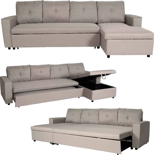 Mendler Ecksofa mit Bettkasten HWC-L16 - Beige - Sofa L-Form mit Schlaffunktion und Nosagfederung für hohen Sitzkomfort, ideal für gemütliche Abende und Platzsparende Aufbewahrung.