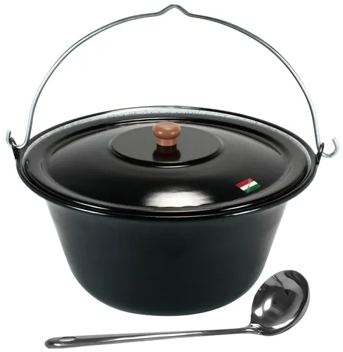 Gulaschkessel 15 Liter emailliert mit Deckel und Schöpfkelle - Dreibein- & Schwenkgrills, ideal für Outdoor-Kochen mit Holz als Brennstoff, inklusive praktischem Zubehör für ein perfektes Kocherlebnis.