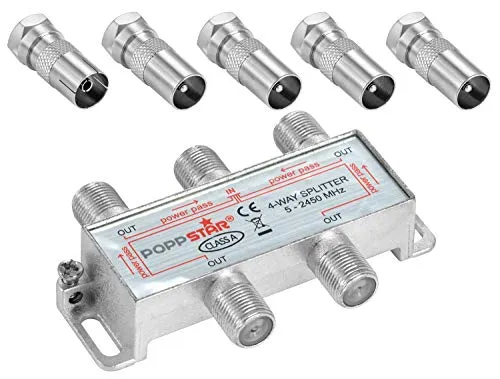 Poppstar Sat-Verteiler Antennenverteiler Splitter Umschalter 4-Fach inkl. IEC Stecker (analog/digital/BK/unicable/HD/4K tauglich) für TV,Antenne,Satellit,Kabel,Fernseher,Radio,LNB