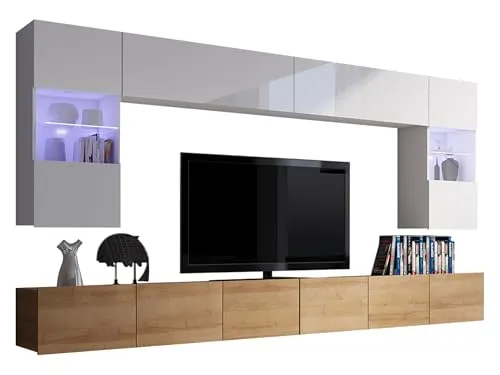 Moderne Wohnwand Calabrini I - TV-Bank & Lowboard mit blauer LED-Beleuchtung, elegantes Design aus Eiche Gold und Weiß Hochglanz, ideal für stilvolle Wohnräume.