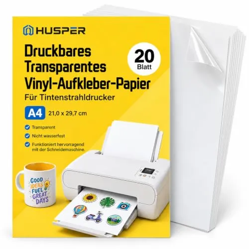 HUSPER Bedruckbares transparentes Vinyl-Aufkleberpapier für Tintenstrahldrucker, A4, 20 Blatt, nicht wasserdicht, transparentes Aufkleberpapier für Bastelarbeiten, Etiketten, Abziehbilder