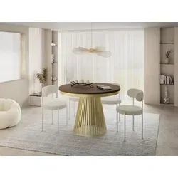 Runder Ausziehbarer Esstisch im Loft-Stil – 120 bis 200 cm – Eleganter Tisch mit Gold-Metallbeinen für Wohnräume - Vielseitiger Esstisch für 5 bis 10 Personen, schnell ausziehbar von rund auf oval. Hochwertige Verarbeitung und modernes Design, ideal für kleine Wohnungen und gesellige Abende.