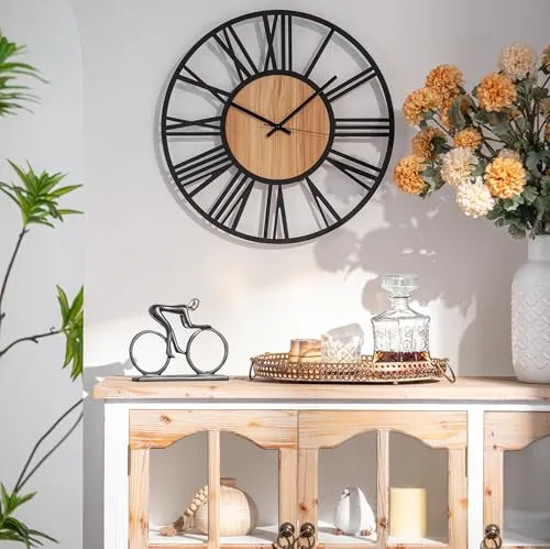 K&L Wall Art XL Wanduhr aus Holz-Metall - Wanduhren in industriellem Design mit leisem Quartz Uhrwerk für eine ruhige Atmosphäre, perfekt für Wohnräume oder Büros.