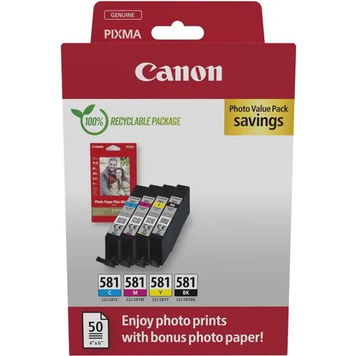 Canon CLI-581 Tintenpatronen Set + Fotopapier - Druckerpatronen Set für Canon Pixma Drucker mit 4 x 5,6 ml original Tinte und hochwertigem Fotopapier für brillante Ausdrucke.