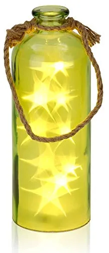 BRUBAKER Lichterflasche mit 10 LED Sternen zum Aufhängen 11 x 31,5 cm Grün