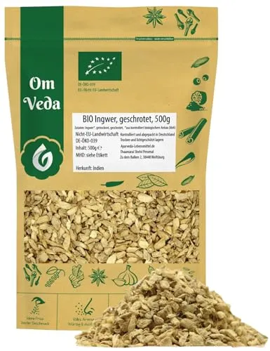 BIO Ingwer Stückchen Geschrotet Geschnitten | Ingwerstücke Ingwerwurzel Ginger | BIO-Qualität | Für Küche Tee Ingwer Shot Smoothie | OmVeda Gewürze (500g)