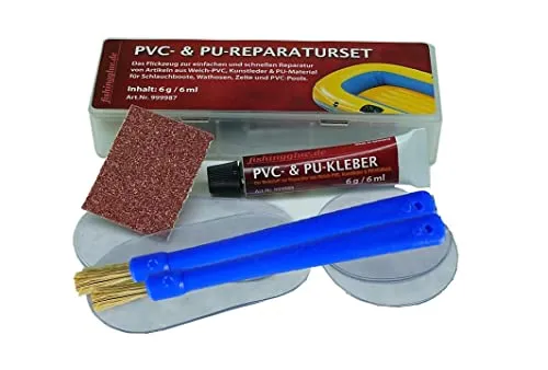 fishingglue.de PVC & PU- Reparatur-Set, Wasser- & UV- beständiges Flickzeug für Schlauchboot Zelt Pool Gewebe Planen Markise Isomatte Luftmatratze aus Vinyl, PVC, PU bis 60 °C wärmestabil