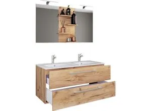 VCM 3-tlg. Doppel Waschplatz Budasi SP - Badmöbel-Set mit Unterschrank, Doppelwaschbecken aus Keramik und Spiegel, ideal für stilvolle Badezimmer und optimalen Stauraum.