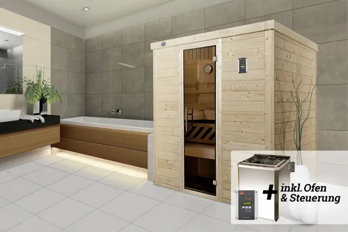 Weka Massivholzelementsauna Kemi 4 Sparset 7,5 kW BioS Glastür