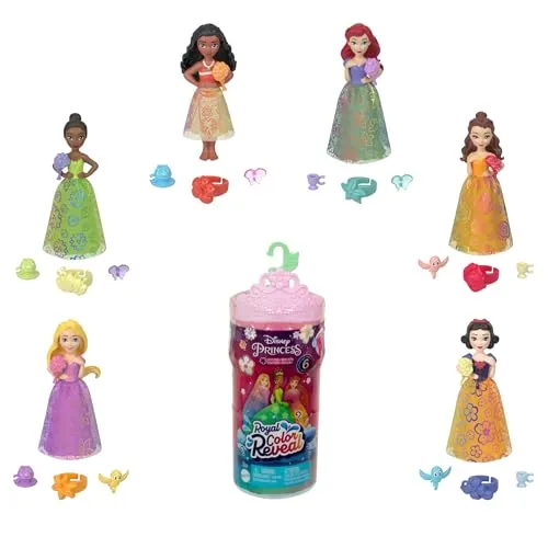 Mattel Disney Prinzessin Royal Color Reveal, kleine Puppe mit 6 Überraschungen, einschließlich duftendem Ring und 4 Zubehörteilen (Puppen können variieren), Gartenparty-Serie HRN63