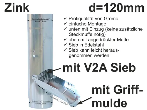 Zink Regenrohrklappe mit Sieb für Fallrohr d=120mm mit Griffmulde GRÖMO