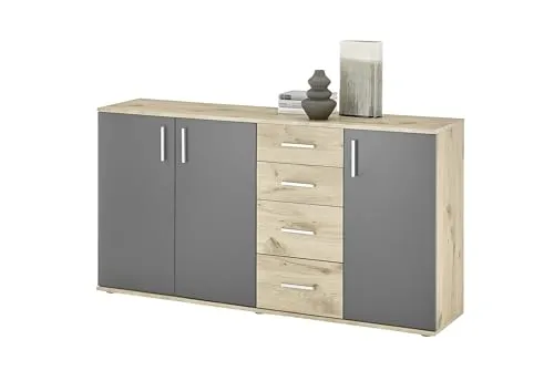 möbelando Kommode BC 1040 in Grau matt - 160x84x35 cm - Moderne Kommode mit elegantem Design, ideal für Flur, Wohn- oder Schlafzimmer. Bietet viel Stauraum mit 3 Türen und 4 Schubladen, einfach zu montieren und kombiniert vielseitig.