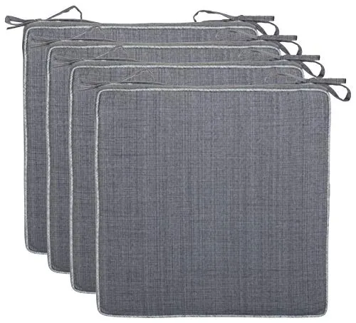 Brandsseller 4er Set Sitzkissen 40x40x4 cm – Wasser- & schmutzabweisende Stuhlkissen mit Bindebändern in Leinenoptk – Für Innen & Außen – Garten, Terrasse, Küche – Grau