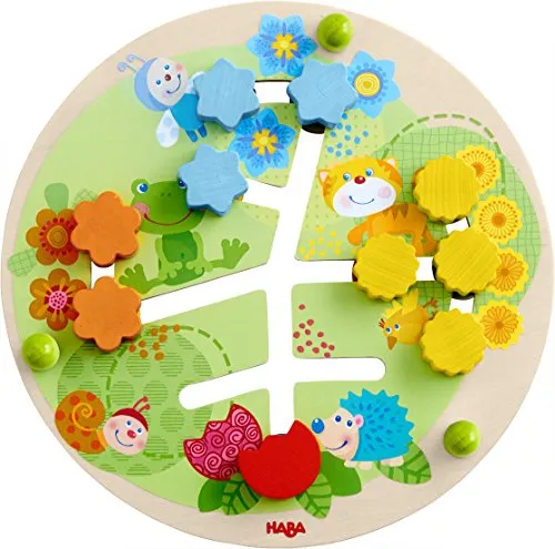 HABA 303852 - Motorikbrett Blumen - Gesellschaftsspiel für Kinder ab 12 Monaten, fördert Feinmotorik und Zahlenverständnis mit buntem Blumenwiesenmotiv und doppeltem Schiebespaß.