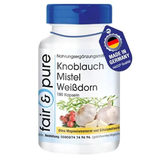Fair & Pure Knoblauch Kapseln mit Mistel, Weißdorn und Vitamin C, 180 Stück, veganes Nahrungsergänzungsmittel ohne Zusätze, in Deutschland hergestellt