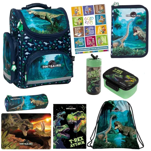 Schulranzen 9er-Set - Dinosaurier Motiv für Kinder - Ranzen, Taschen & Rucksäcke – 9-teiliges Set im bunten Dinosaurier-Design, perfekt für Jungen der 1-3 Klasse und ideal für Schule und Freizeit.