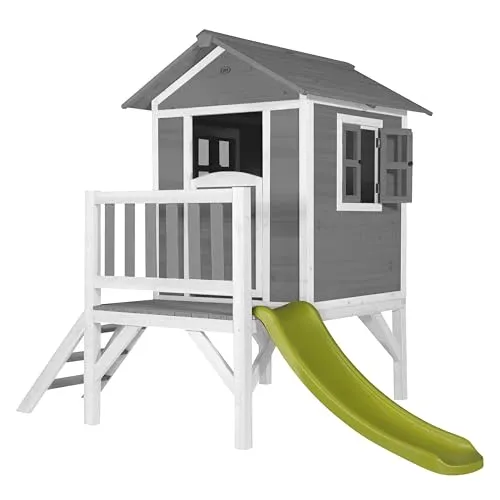 AXI Spielhaus Beach Lodge XL in Grau mit Rutsche in Hellgrün | Stelzenhaus aus FSC Holz für Kinder | Kleiner Spielturm für den Garten
