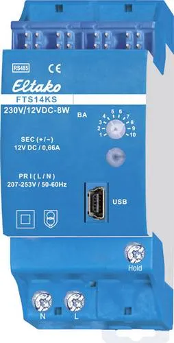 Eltako FTS14KS Schnittstellenmodul Hutschiene - FTS14-Kommunikationsschnittstelle für Eltako-RS485-Bus, mit 12V DC Schaltnetzteil und minimalem Stand-by-Verlust von nur 0,6 Watt. Ideal für effiziente Smart Home Lösungen.